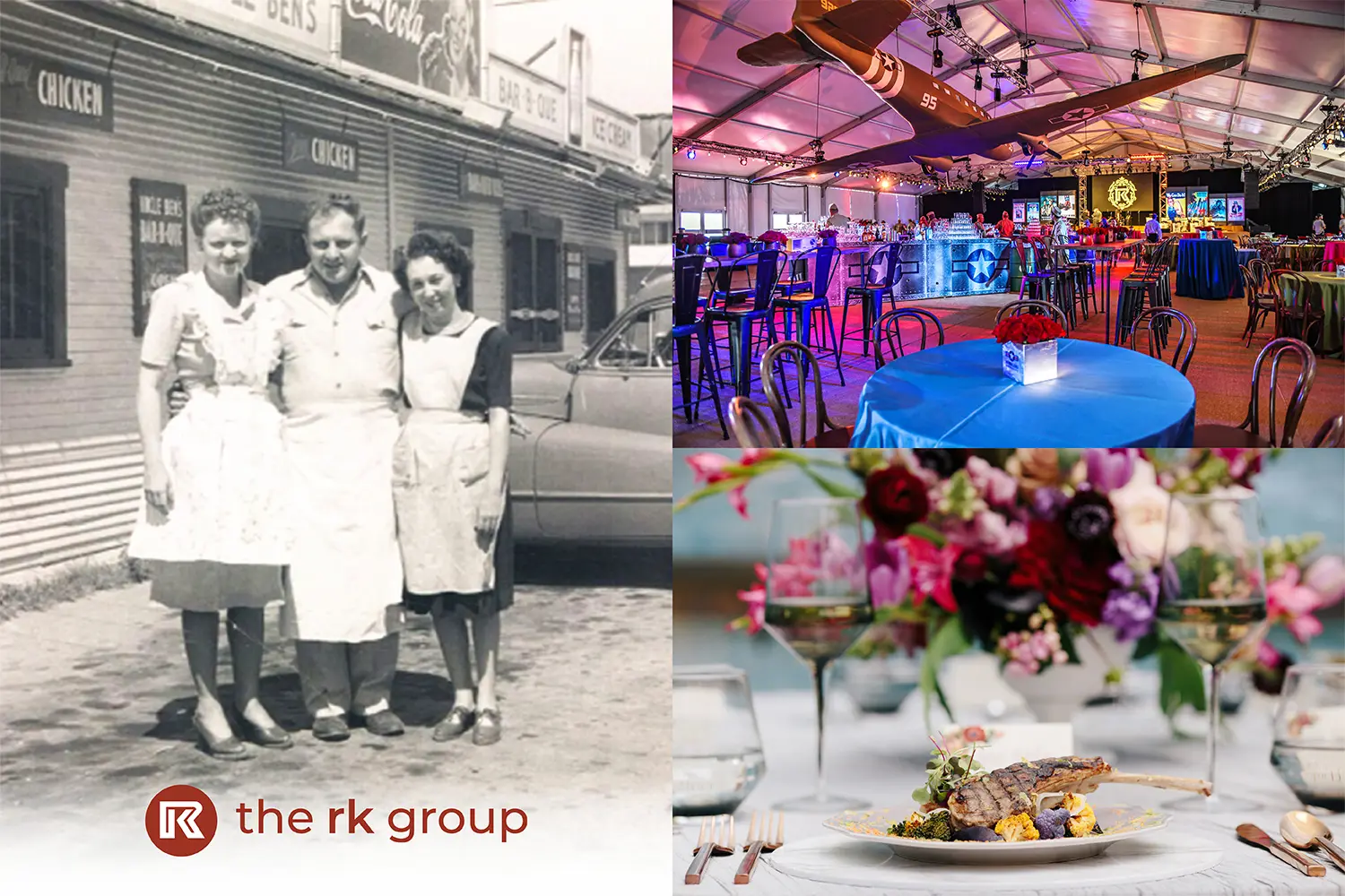 Image collage. The left image is of Rosemary in the first days of the business with a man and another woman.  On the right are 2 images.  The top right is a tent with decorations and a hanging airplane. The bottom left. is an image of a catered dinner with classy tableware.