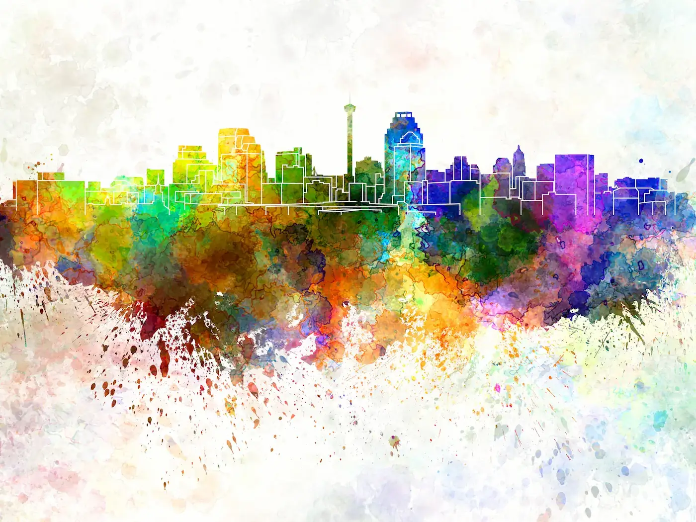 Digital image of the san antonio skyline with colorful watercolor background